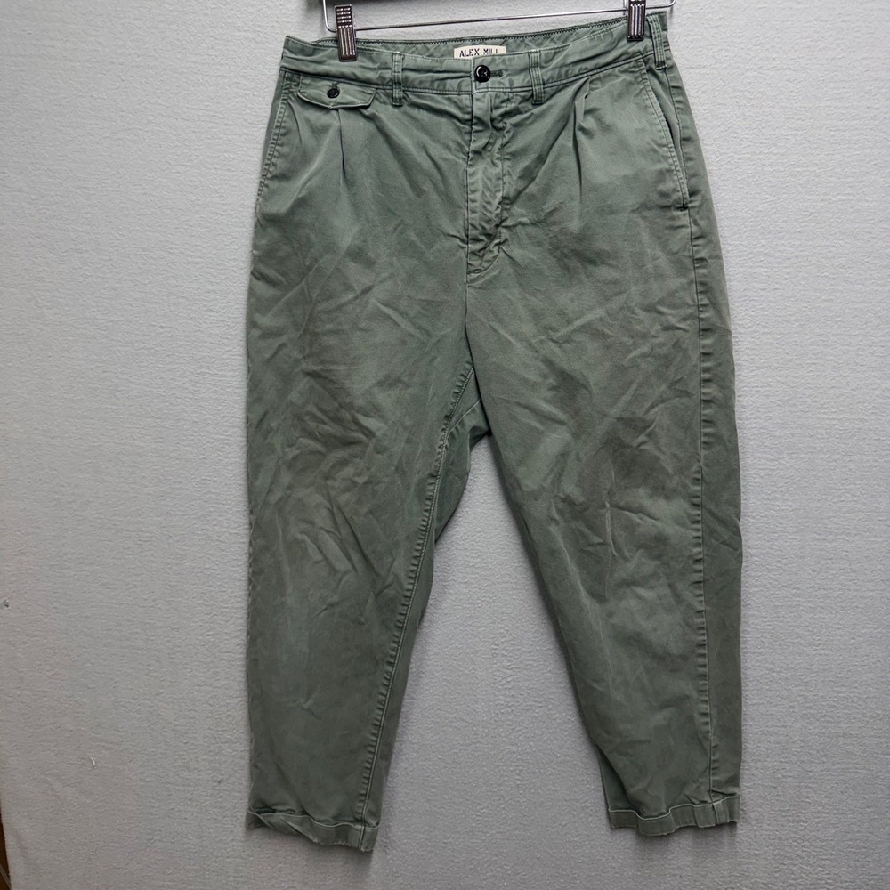 Alex Mill Mens Pleated Chino Pants Olive Green Tapered Leg Size 30